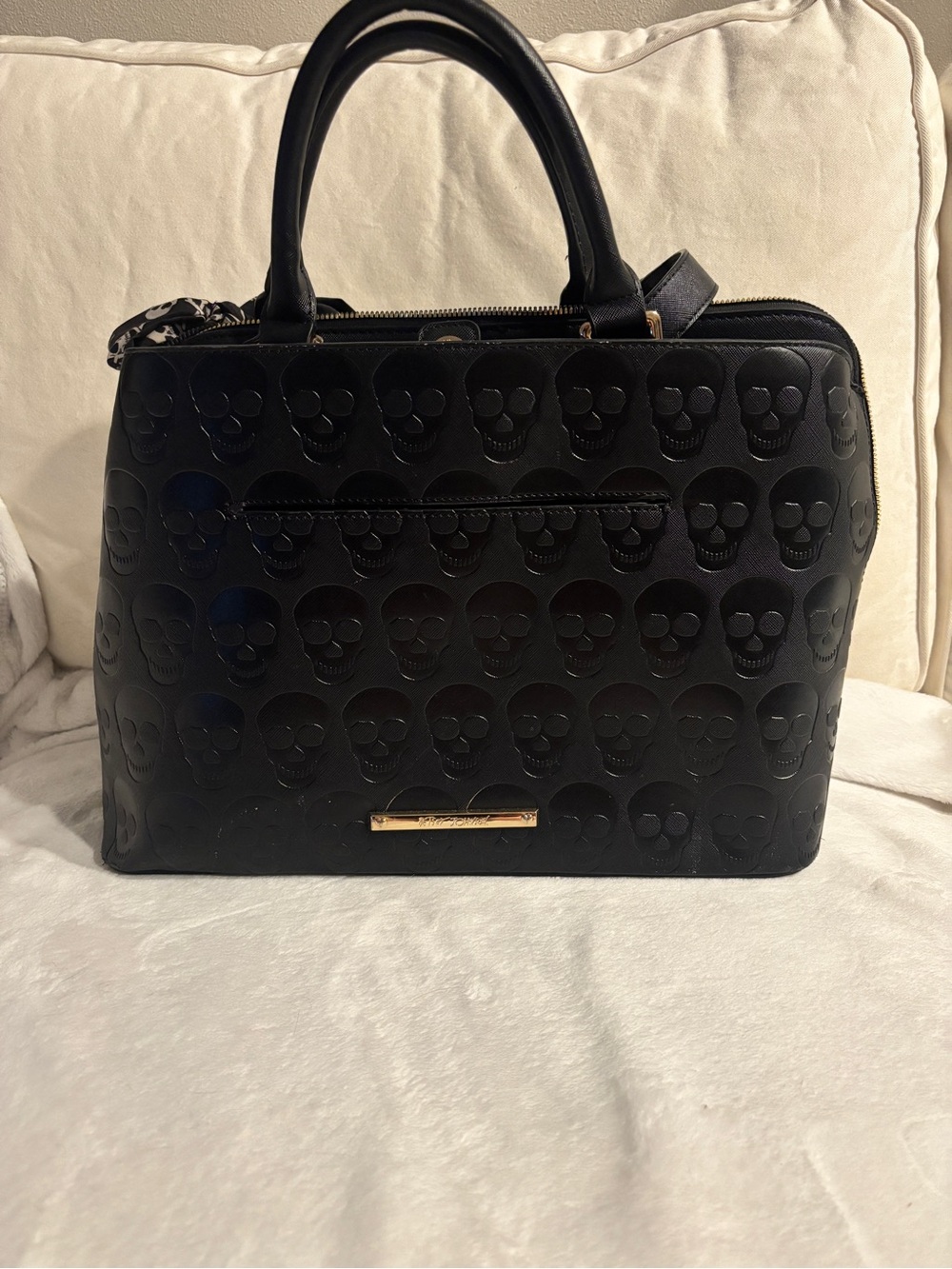 Betsey Johnson Black Skull-Embossed Satchel with Skull Scarf - Picture 2 of 4